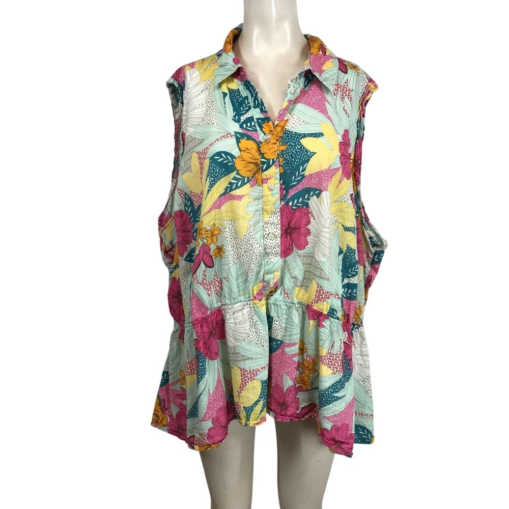 LANE BRYANT - WOMEN'S 28 - MULTICOLOR FLORAL SLEEVELESS PEPLUM LINEN BLEND TOP